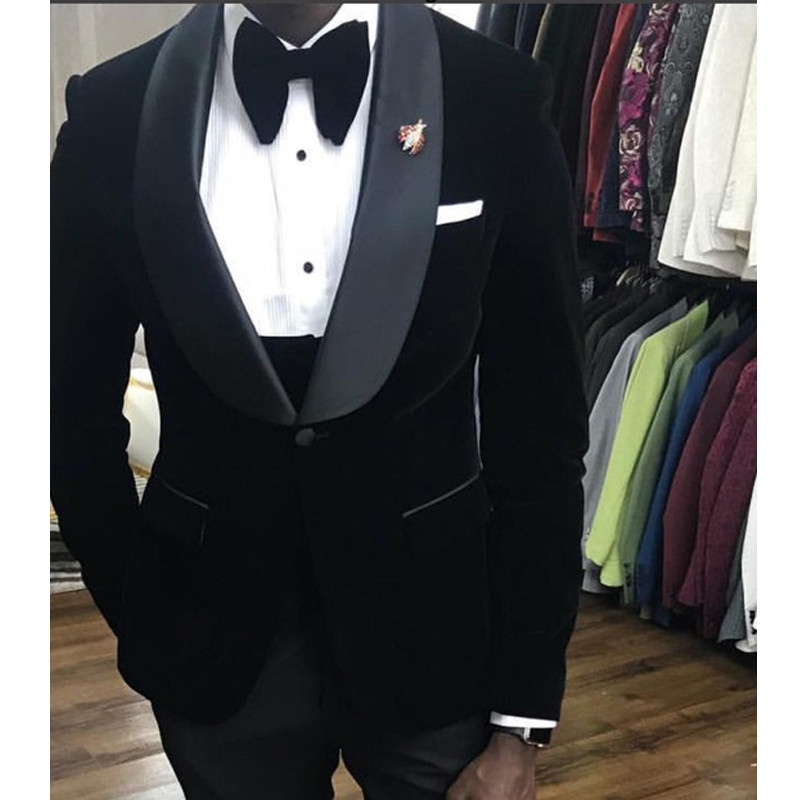 Tuxedo de nuntă din catifea neagră, 3 piese, costume africane pentru bărbați pentru iarnă, slim fit, mire, costum masculin, vestă, vestă, cu pantaloni