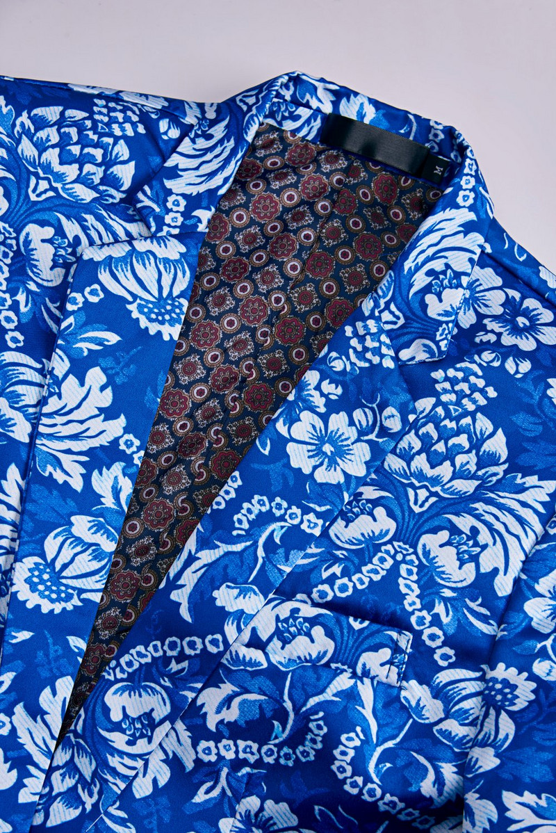 Noi Bărbați Business Casual Slim Set Sets Moda albastru imprimat Tuxedo Mireasa formala Rochie Blazer spectacole de scenă Costum