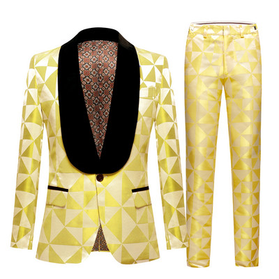Bărbați Nou Moda Triunghi Galben Jacquard Atrăgător de înaltă calitate pentru petrecere Blazer+Pantaloni Costume negre cu revere Bărbați Casual Slim 2BUC