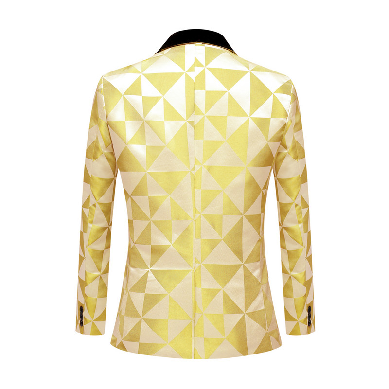 Bărbați Nou Moda Triunghi Galben Jacquard Atrăgător de înaltă calitate pentru petrecere Blazer+Pantaloni Costume negre cu revere Bărbați Casual Slim 2BUC