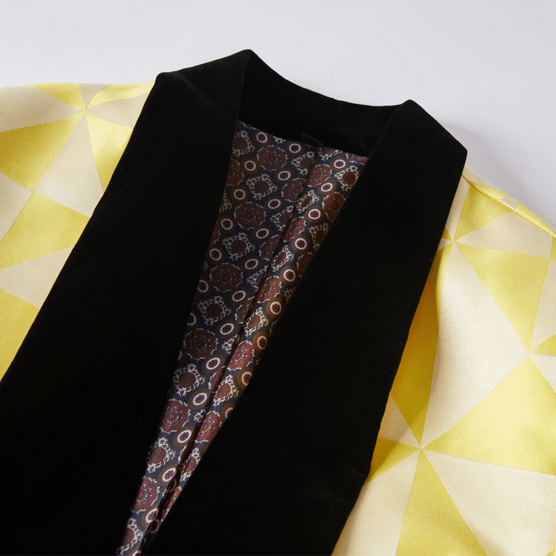 Bărbați Nou Moda Triunghi Galben Jacquard Atrăgător de înaltă calitate pentru petrecere Blazer+Pantaloni Costume negre cu revere Bărbați Casual Slim 2BUC