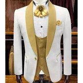 Tuxedo de nuntă alb și auriu pentru domnișoare cu rever șal, costume pentru bărbați pentru fumători, 3 piese, set de modă pentru bărbați, jachetă, vestă, cu pantaloni