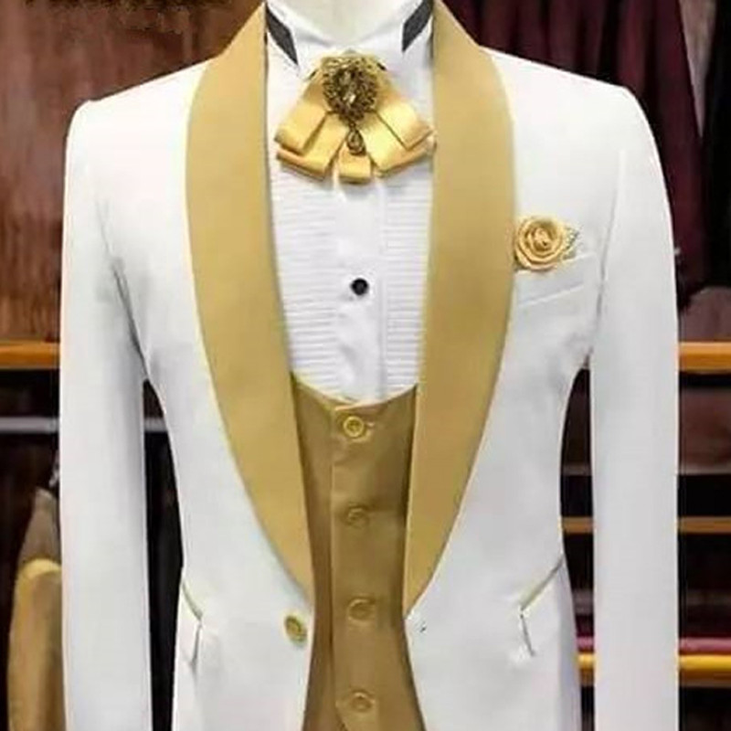 Tuxedo de nuntă alb și auriu pentru domnișoare cu rever șal, costume pentru bărbați pentru fumători, 3 piese, set de modă pentru bărbați, jachetă, vestă, cu pantaloni