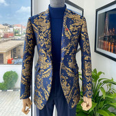 Costume pentru bărbați africani florale pentru nuntă Jacquard Slim Fit Tuxedo de mire bleumarin 2 piese Jachetă personalizată cu pantaloni Haine pentru bărbați 2023