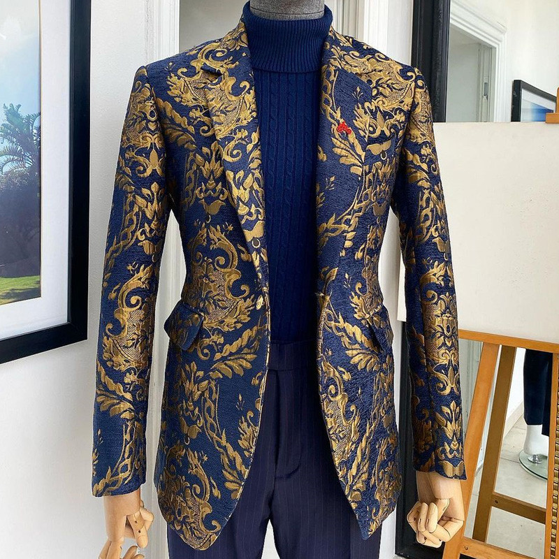 Costume pentru bărbați africani florale pentru nuntă Jacquard Slim Fit Tuxedo de mire bleumarin 2 piese Jachetă personalizată cu pantaloni Haine pentru bărbați 2023