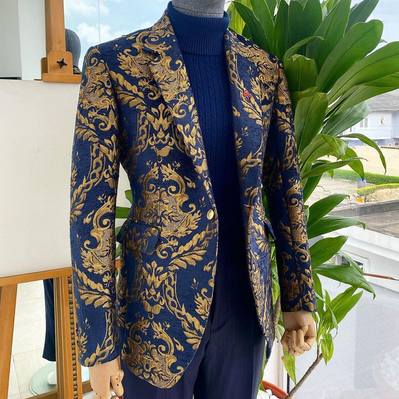 Costume pentru bărbați africani florale pentru nuntă Jacquard Slim Fit Tuxedo de mire bleumarin 2 piese Jachetă personalizată cu pantaloni Haine pentru bărbați 2023