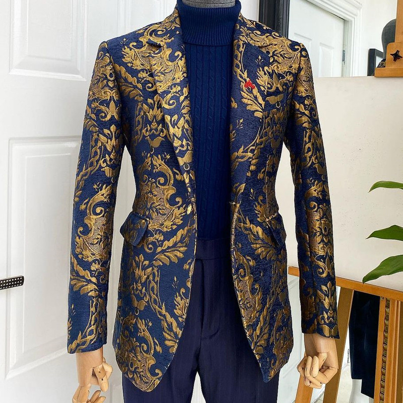 Costume pentru bărbați africani florale pentru nuntă Jacquard Slim Fit Tuxedo de mire bleumarin 2 piese Jachetă personalizată cu pantaloni Haine pentru bărbați 2023