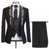 Set costume italiene negre pentru bărbați cu șal broderie auriu rever slim fit nunta smoking mire 3 piese jachetă vestă pantaloni 2023