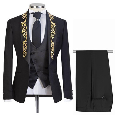 Set costume italiene negre pentru bărbați cu șal broderie auriu rever slim fit nunta smoking mire 3 piese jachetă vestă pantaloni 2023