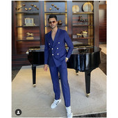 Costume pentru bărbați cu dungi albastre la dublu piept pentru afaceri, smoking de nuntă, mire, smoking, slim fit, blazer cu rever, 2 buc, pantaloni, jachetă