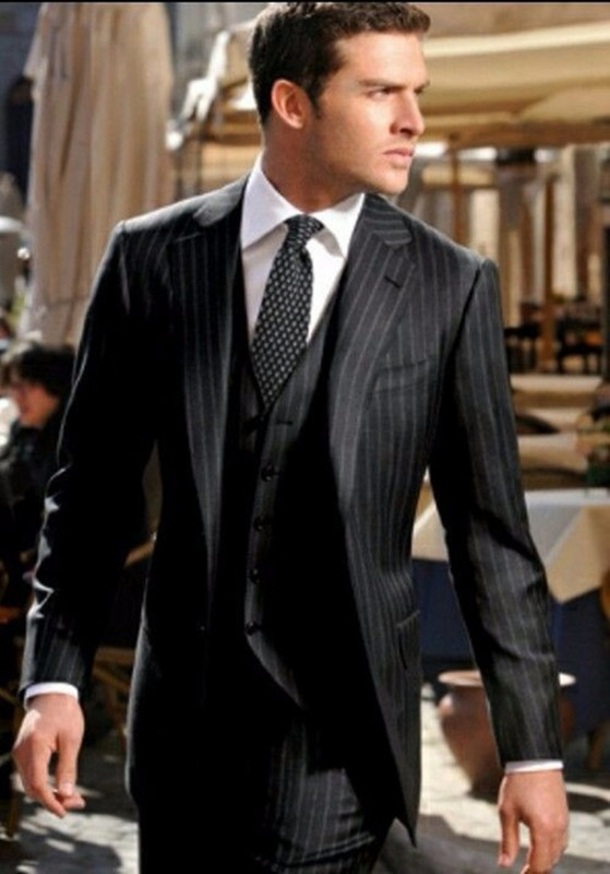 Costume pentru bărbați de afaceri cu dungi negre, smoking de mire, pentru petrecere, pentru nuntă, costum de birou, design italian (jachetă+pantaloni+vestă)