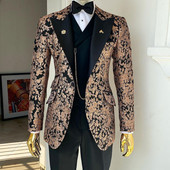 Costume africane jacquard pentru bărbați, slim fit, cu rever cu vârf, jachetă florală cu pantaloni, vestă, 3 piese, smoking de mire, haine pentru bărbați