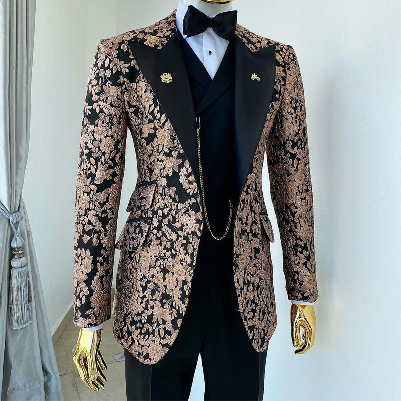 Costume africane jacquard pentru bărbați, slim fit, cu rever cu vârf, jachetă florală cu pantaloni, vestă, 3 piese, smoking de mire, haine pentru bărbați