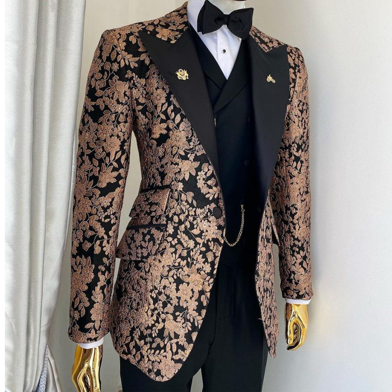 Costume africane jacquard pentru bărbați, slim fit, cu rever cu vârf, jachetă florală cu pantaloni, vestă, 3 piese, smoking de mire, haine pentru bărbați