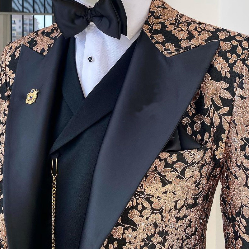 Costume africane jacquard pentru bărbați, slim fit, cu rever cu vârf, jachetă florală cu pantaloni, vestă, 3 piese, smoking de mire, haine pentru bărbați