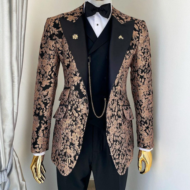 Costume africane jacquard pentru bărbați, slim fit, cu rever cu vârf, jachetă florală cu pantaloni, vestă, 3 piese, smoking de mire, haine pentru bărbați