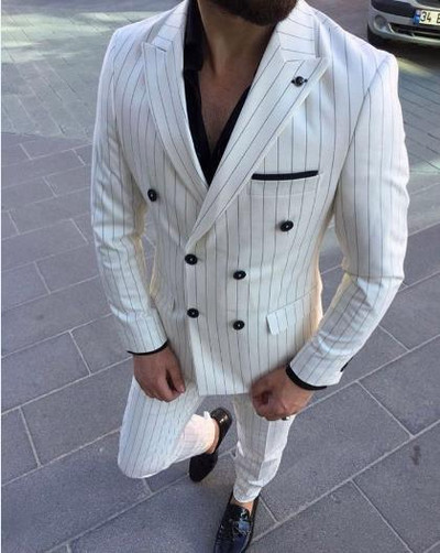 Costume pentru bărbați cu dungi albe, smoking de mire de nuntă, slim fit, 2 buc. Blazer cu rever cu vârf (sacou+pantaloni)