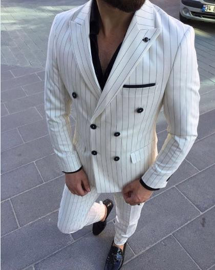 Costume pentru bărbați cu dungi albe, smoking de mire de nuntă, slim fit, 2 buc. Blazer cu rever cu vârf (sacou+pantaloni)