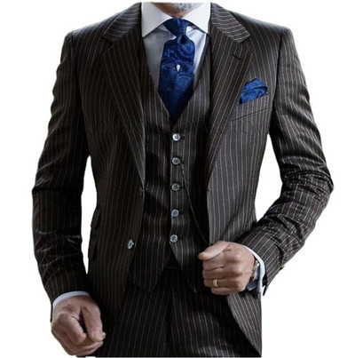 Costume formale pentru bărbați cu dungi pentru afaceri Slim Fit Mire smoking de nuntă Blazer cu doi nasturi 3 piese Costum masculin jachetă vestă pantaloni