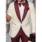 Costume pentru bărbați de bal florale cu rever șal, smoking de mire, slim fit, blazer de modă pentru bărbați (jachetă + pantaloni bordeaux) 2023
