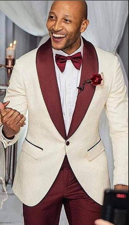 Costume pentru bărbați de bal florale cu rever șal, smoking de mire, slim fit, blazer de modă pentru bărbați (jachetă + pantaloni bordeaux) 2023
