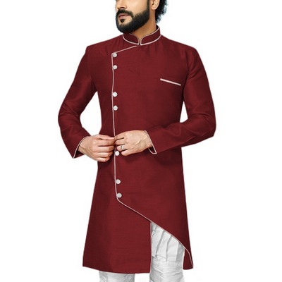 Costume de bărbați asimetrie 2 bucăți cu guler stand Slim Fit smoking de nuntă pentru mire Blazer de modă masculină (jachetă lungă + pantaloni)