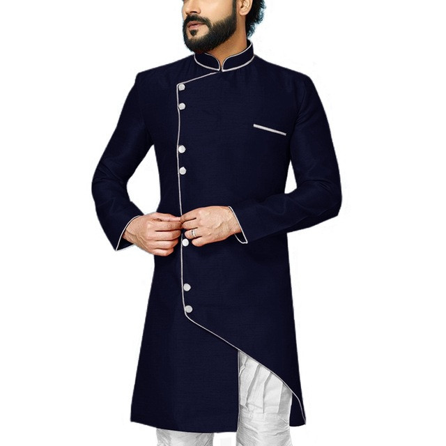 Costume de bărbați asimetrie 2 bucăți cu guler stand Slim Fit smoking de nuntă pentru mire Blazer de modă masculină (jachetă lungă + pantaloni)