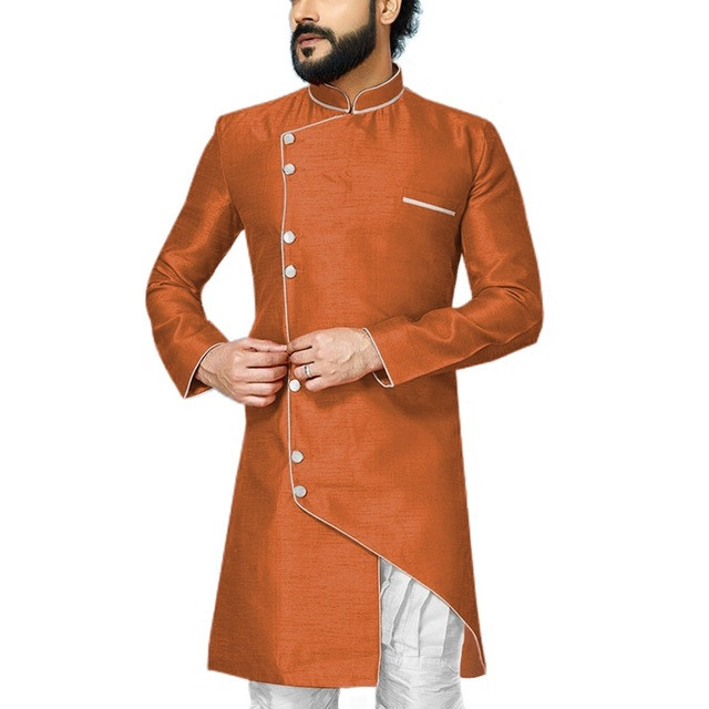 Costume de bărbați asimetrie 2 bucăți cu guler stand Slim Fit smoking de nuntă pentru mire Blazer de modă masculină (jachetă lungă + pantaloni)