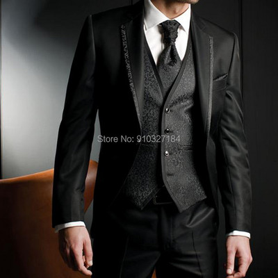 Tuxedo de nuntă Floral Slim Fit pentru mire 3 piese Costume de modă pentru bărbați Jachetă vestă cu pantaloni cu rever crestat Costumă masculină