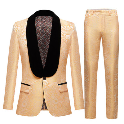 Costume pentru bărbați portocaliu jacquard, slim fit, flanel negru, guler șal, nuntă, modă, rochie de banchet, club de noapte, 2 buc. jachetă + pantaloni