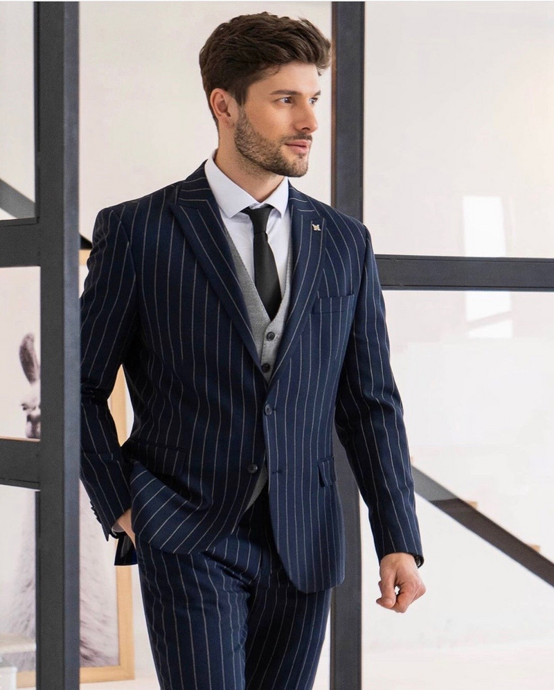 Costume formale pentru bărbați cu dungi pentru afaceri 3 piese Slim Fit Mire Tuxedo pentru nuntă Terno Blazer pentru bărbați (Jachetă+Pantalon+Vest)