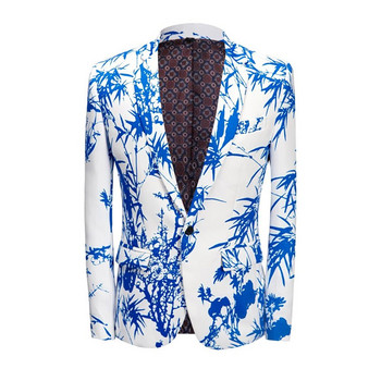Ανδρικό μπαμπού κοστούμι μπαμπού με εμπριμέ μπλε ουράνιου χρώματος Παλτό σε κινέζικο στυλ Fashion Trend Tuxedo Slim Fit Νυφικό Business Casual Jacket