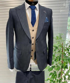 Costume pentru bărbați cu dungi gri pentru afaceri Slim Fit rever cu vârf 2 piese Smoking de mire pentru nuntă 2 buc Blazer de bal (Jachetă + Pantaloni)