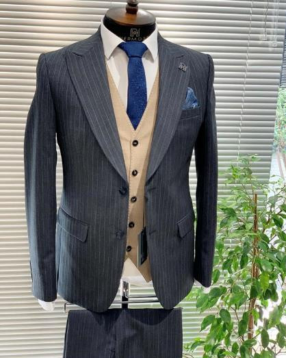 Costume pentru bărbați cu dungi gri pentru afaceri Slim Fit rever cu vârf 2 piese Smoking de mire pentru nuntă 2 buc Blazer de bal (Jachetă + Pantaloni)