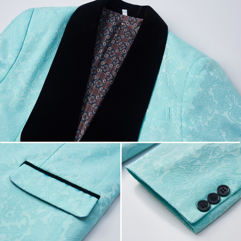 Costume de nuntă pentru bărbați, verde, gri, albastru, jacquard alb, cu guler negru, smoking, 3 buc. Costume terno de mire pentru bărbați (jachetă+vestă+pantaloni)