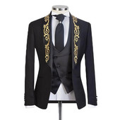 Costume negre de bal pentru bărbați, slim fit cu aplicație aurie, șal brodat cu rever, smoking de nuntă pentru mire, blazer de modă masculină 2023