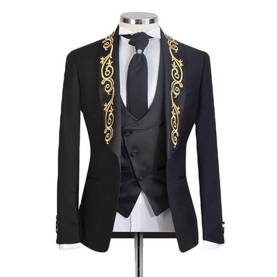 Costume negre de bal pentru bărbați, slim fit cu aplicație aurie, șal brodat cu rever, smoking de nuntă pentru mire, blazer de modă masculină 2023