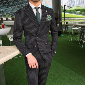 Costume cu dungi negre la două piept pentru bărbați de afaceri Slim Fit Nunta Mire Tuxedo Bal Blazer formal 2 piese (Jachetă + Pantaloni)
