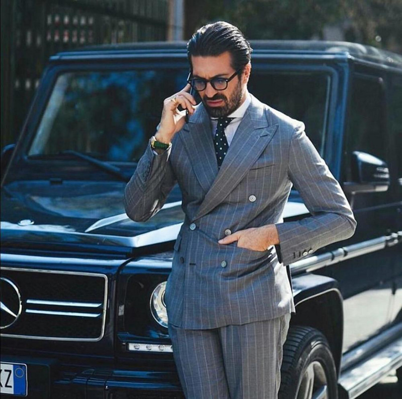 Costume pentru bărbați cu dungi gri, smoking de mire, pentru nuntă, rever cu vârf, blazer slim cu pantaloni, două piese, moda masculină