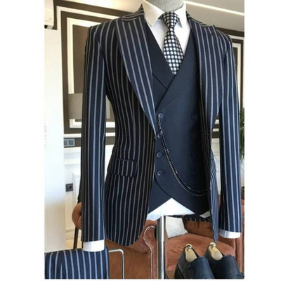 Costume pentru bărbați cu dungi de afaceri, slim fit, 3 piese, smoking de mire, nuntă, bal de absolvire, blazer cu rever, costum pentru bărbați (jachetă+pantaloni+vestă)