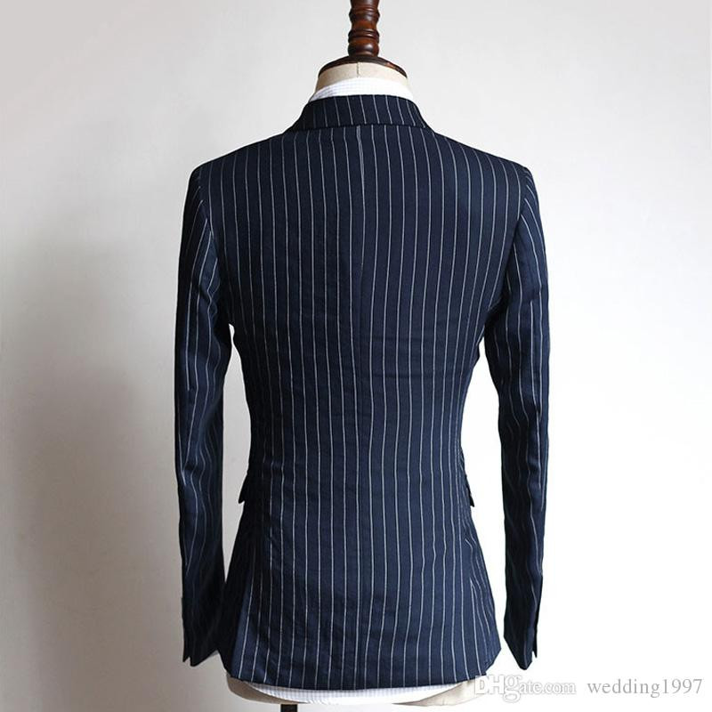 Prugasta poslovna svečana muška odijela s dvostrukim kopčanjem i šiljcima, vjenčani smokingi za mladoženju, 2 komada tamnoplavi modni (jakna+hlače)