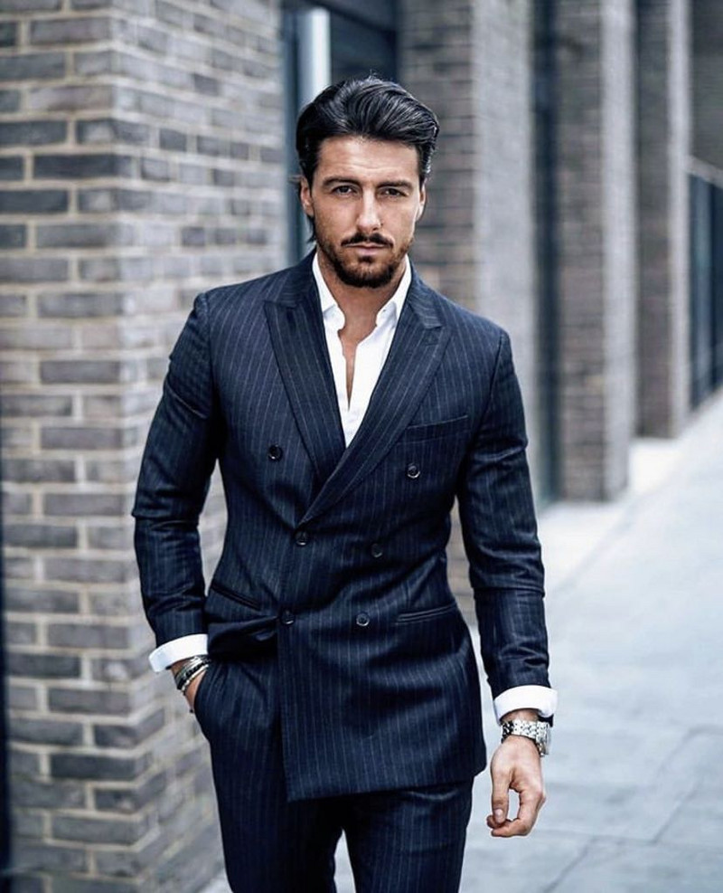 Costume de nuntă cu dungi la dublu piept pentru bărbați Slim Fit 2 piese Tuxedo de mire Blazer pentru bărbați cu rever cu vârf (sacou+pantalon)