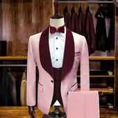 Costume slim pentru bărbați, roz, cu rever de catifea bordeaux, 3 piese, smoking de mire de nuntă, pentru cină, bal, blazer la modă masculină