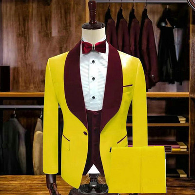Costume slim pentru bărbați, roz, cu rever de catifea bordeaux, 3 piese, smoking de mire de nuntă, pentru cină, bal, blazer la modă masculină