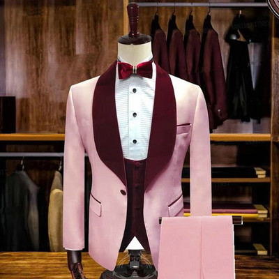 Costume slim pentru bărbați, roz, cu rever de catifea bordeaux, 3 piese, smoking de mire de nuntă, pentru cină, bal, blazer la modă masculină