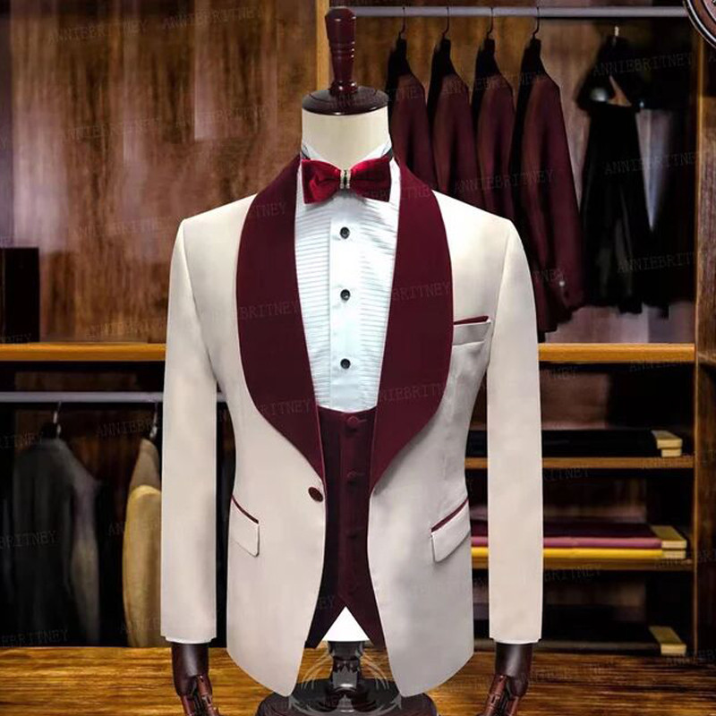 Costume slim pentru bărbați, roz, cu rever de catifea bordeaux, 3 piese, smoking de mire de nuntă, pentru cină, bal, blazer la modă masculină
