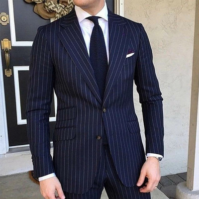 Costume formale pentru bărbați cu dungi pentru afaceri Slim Fit Mire Tuxedo cu rever crestat Blazer pentru bărbați 2 buc (Jachetă+ Pantaloni)