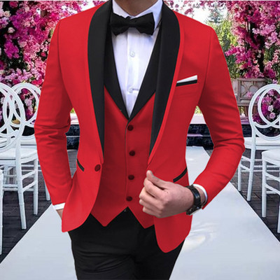 Червени прилепнали мъжки костюми с черен шал, ревер Смокинги за младоженеца за сватбен абитуриентски костюм Сако с жилетка Панталони Абитуриентски блейзър 3 бр.