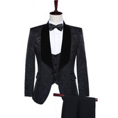 Costume pentru bărbați, slim, cu flori, smoking de nuntă din catifea neagră pentru bărbați, 3 piese, jachetă cu șal cu rever, cu vestă, pantaloni, moda masculină