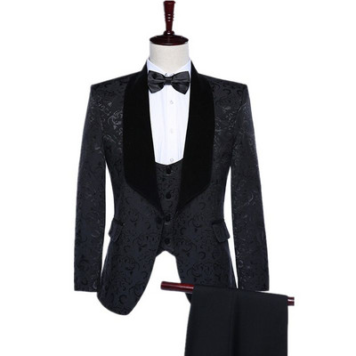 Costume pentru bărbați, slim, cu flori, smoking de nuntă din catifea neagră pentru bărbați, 3 piese, jachetă cu șal cu rever, cu vestă, pantaloni, moda masculină